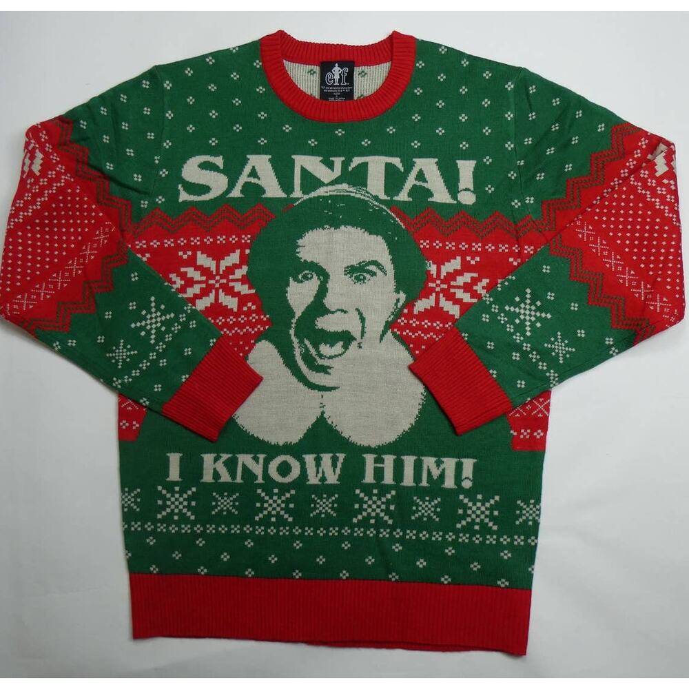 Bioworld ELF SANTA I KNOW HIM Ugly Christmas Sweater Knit Pullover, small